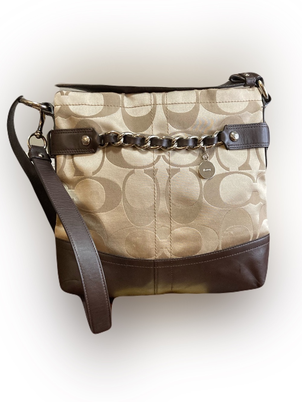 Coach Vintage Signature Sateen Chain Duffle Crossbody Bag Khaki Brown F19730